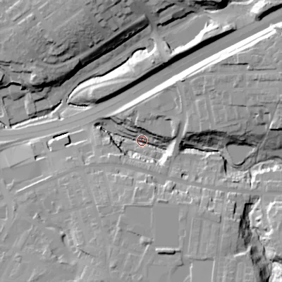 Shaded relief map of the ground around SK142NS, computed from Environment Agency LiDAR. The ground here sits at about 104 m above sea level and falls 34 m across the surrounding 800 m. Surface water reaching this point runs off ground lying to the east-north-east, 29.1 m higher.