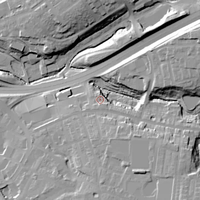 Shaded relief map of the ground around SK142NU, computed from Environment Agency LiDAR. The ground here sits at about 111 m above sea level and falls 34 m across the surrounding 800 m. Surface water reaching this point runs off ground lying to the east-north-east, 24.6 m higher.