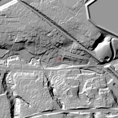 Shaded relief map of the ground around SK142PH, computed from Environment Agency LiDAR. The ground here sits at about 115 m above sea level and falls 40 m across the surrounding 800 m. Surface water reaching this point runs off ground lying to the north, 22.3 m higher.