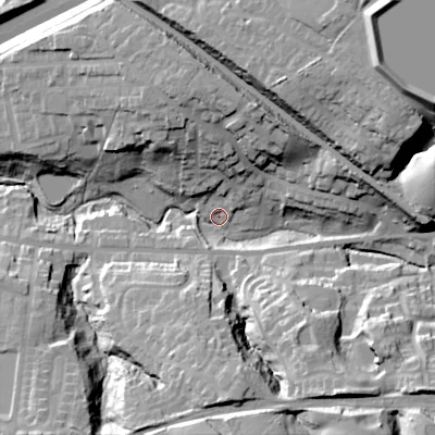 Shaded relief map of the ground around SK142QQ, computed from Environment Agency LiDAR. The ground here sits at about 112 m above sea level and falls 43 m across the surrounding 800 m. Surface water reaching this point runs off ground lying to the north-north-east, 25.1 m higher.