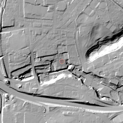 Shaded relief map of the ground around SK144AR, computed from Environment Agency LiDAR. The ground here sits at about 100 m above sea level and falls 36 m across the surrounding 800 m. Surface water reaching this point runs off ground lying to the north-north-east, 30.8 m higher.