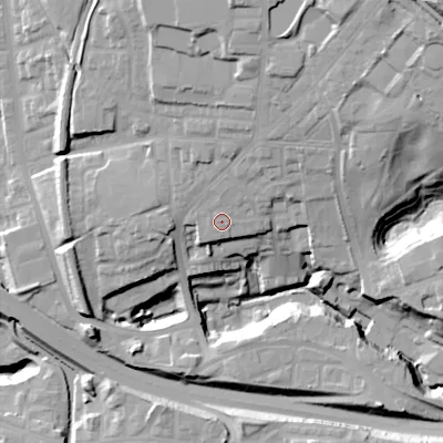 Shaded relief map of the ground around SK144GN, computed from Environment Agency LiDAR. The ground here sits at about 108 m above sea level and falls 43 m across the surrounding 800 m. Surface water reaching this point runs off ground lying to the north-north-east, 11.0 m higher.