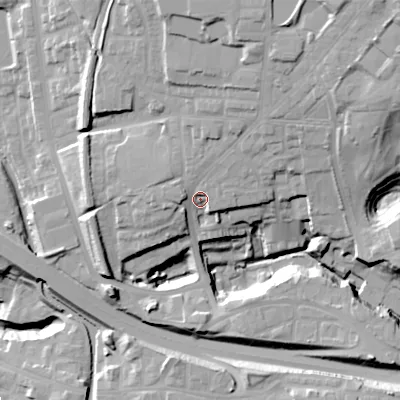 Shaded relief map of the ground around SK144XQ, computed from Environment Agency LiDAR. The ground here sits at about 106 m above sea level and falls 42 m across the surrounding 800 m. Surface water reaching this point runs off ground lying to the north-west, 4.7 m higher.