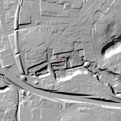 Shaded relief map of the ground around SK144XR, computed from Environment Agency LiDAR. The ground here sits at about 102 m above sea level and falls 40 m across the surrounding 800 m. Surface water reaching this point runs off ground lying to the north-west, 19.9 m higher.