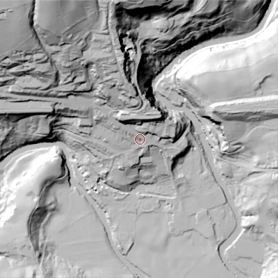Shaded relief map of the ground around SK146AA, computed from Environment Agency LiDAR. The ground here sits at about 128 m above sea level and falls 105 m across the surrounding 800 m. Surface water reaching this point runs off ground lying to the north, 67.3 m higher.