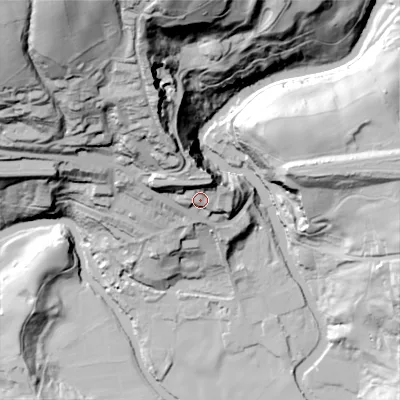 Shaded relief map of the ground around SK146AB, computed from Environment Agency LiDAR. The ground here sits at about 133 m above sea level and falls 106 m across the surrounding 800 m. Surface water reaching this point runs off ground lying to the north-north-east, 18.5 m higher.