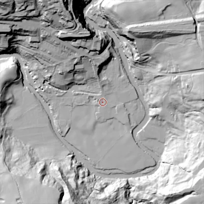 Shaded relief map of the ground around SK146AG, computed from Environment Agency LiDAR. The ground here sits at about 107 m above sea level and falls 67 m across the surrounding 800 m. Surface water reaching this point runs off ground lying to the north, 5.3 m higher.