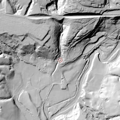 Shaded relief map of the ground around SK146BL, computed from Environment Agency LiDAR. The ground here sits at about 107 m above sea level and falls 77 m across the surrounding 800 m. Surface water reaching this point runs off ground lying to the north-north-east, 62.2 m higher.