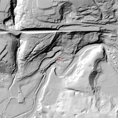 Shaded relief map of the ground around SK146BW, computed from Environment Agency LiDAR. The ground here sits at about 102 m above sea level and falls 91 m across the surrounding 800 m. Surface water reaching this point runs off ground lying to the north-west, 6.5 m higher.