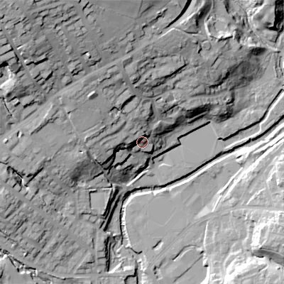 Shaded relief map of the ground around SK148HF, computed from Environment Agency LiDAR. The ground here sits at about 134 m above sea level and falls 55 m across the surrounding 800 m. Surface water reaching this point runs off ground lying to the north-west, 19.7 m higher.