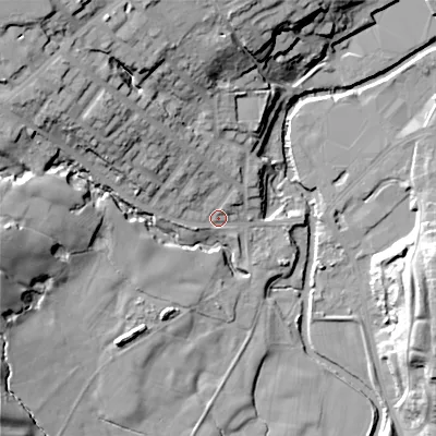 Shaded relief map of the ground around SK148NW, computed from Environment Agency LiDAR. The ground here sits at about 126 m above sea level and falls 33 m across the surrounding 800 m. Surface water reaching this point runs off ground lying to the north-west, 20.7 m higher.