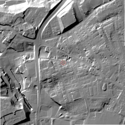 Shaded relief map of the ground around SK14DU, computed from Environment Agency LiDAR. The ground here sits at about 75 m above sea level and falls 33 m across the surrounding 800 m. Surface water reaching this point runs off ground lying to the east-south-east, 12.0 m higher.