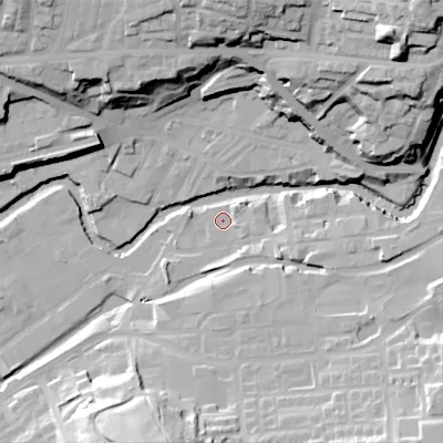 Shaded relief map of the ground around SK151AP, computed from Environment Agency LiDAR. The ground here sits at about 107 m above sea level and falls 50 m across the surrounding 800 m. Surface water reaching this point runs off ground lying to the east-south-east, 5.2 m higher.
