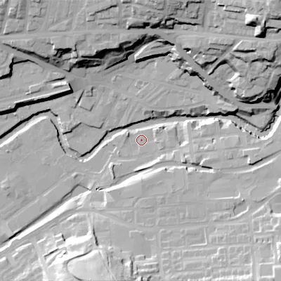 Shaded relief map of the ground around SK151AS, computed from Environment Agency LiDAR. The ground here sits at about 107 m above sea level and falls 50 m across the surrounding 800 m. Surface water reaching this point runs off ground lying to the west-north-west, 1.8 m higher.