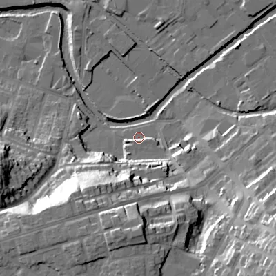 Shaded relief map of the ground around SK151FF, computed from Environment Agency LiDAR. The ground here sits at about 102 m above sea level and falls 45 m across the surrounding 800 m. Surface water reaching this point runs off ground lying to the south-west, 33.9 m higher.