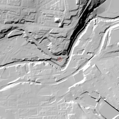 Shaded relief map of the ground around SK151JX, computed from Environment Agency LiDAR. The ground here sits at about 111 m above sea level and falls 56 m across the surrounding 800 m. Surface water reaching this point runs off ground lying to the north, 24.2 m higher.