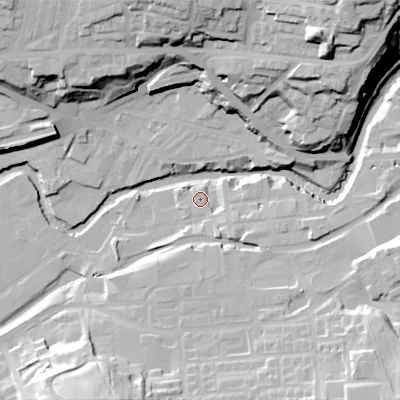 Shaded relief map of the ground around SK151NX, computed from Environment Agency LiDAR. The ground here sits at about 109 m above sea level and falls 51 m across the surrounding 800 m. Surface water reaching this point runs off ground lying to the east-south-east, 6.7 m higher.