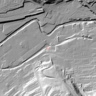Shaded relief map of the ground around SK151PD, computed from Environment Agency LiDAR. The ground here sits at about 106 m above sea level and falls 64 m across the surrounding 800 m. Surface water reaching this point runs off ground lying to the south-south-east, 61.5 m higher.