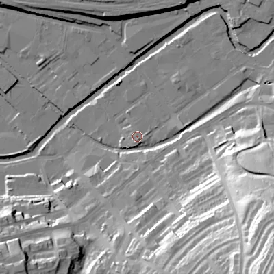 Shaded relief map of the ground around SK151PF, computed from Environment Agency LiDAR. The ground here sits at about 106 m above sea level and falls 68 m across the surrounding 800 m. Surface water reaching this point runs off ground lying to the south-south-west, 1.6 m higher.
