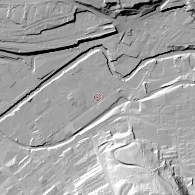 Shaded relief map of the ground around SK151PH, computed from Environment Agency LiDAR. The ground here sits at about 105 m above sea level and falls 58 m across the surrounding 800 m. Surface water reaching this point runs off ground lying to the east, 3.1 m higher.