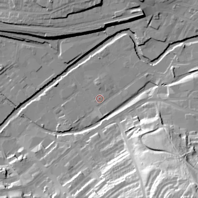 Shaded relief map of the ground around SK151PL, computed from Environment Agency LiDAR. The ground here sits at about 105 m above sea level and falls 68 m across the surrounding 800 m. Surface water reaching this point runs off ground lying to the east-north-east, 3.1 m higher.