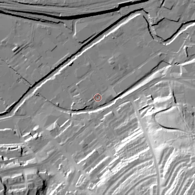 Shaded relief map of the ground around SK151PN, computed from Environment Agency LiDAR. The ground here sits at about 104 m above sea level and falls 72 m across the surrounding 800 m. Surface water reaching this point runs off ground lying to the east, 2.9 m higher.