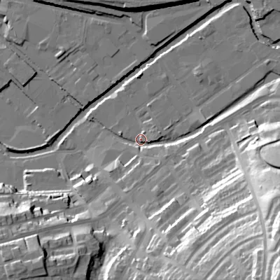 Shaded relief map of the ground around SK151PT, computed from Environment Agency LiDAR. The ground here sits at about 106 m above sea level and falls 65 m across the surrounding 800 m. Surface water reaching this point runs off ground lying to the south-east, 61.0 m higher.