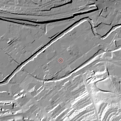 Shaded relief map of the ground around SK151PU, computed from Environment Agency LiDAR. The ground here sits at about 105 m above sea level and falls 68 m across the surrounding 800 m. Surface water reaching this point runs off ground lying to the east-north-east, 3.1 m higher.