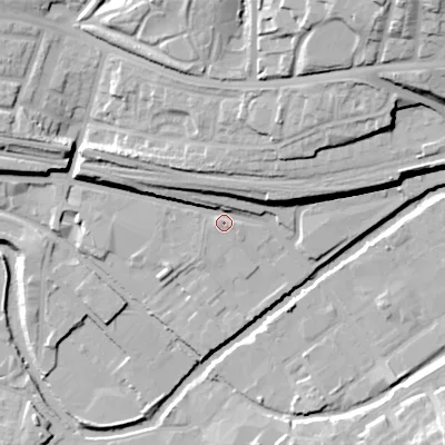 Shaded relief map of the ground around SK151PY, computed from Environment Agency LiDAR. The ground here sits at about 106 m above sea level and falls 36 m across the surrounding 800 m. Surface water reaching this point runs off ground lying to the north-west, 10.0 m higher.