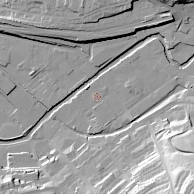 Shaded relief map of the ground around SK151PZ, computed from Environment Agency LiDAR. The ground here sits at about 105 m above sea level and falls 59 m across the surrounding 800 m. Surface water reaching this point runs off ground lying to the east, 3.2 m higher.
