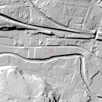 Shaded relief map of the ground around SK151QF, computed from Environment Agency LiDAR. The ground here sits at about 105 m above sea level and falls 42 m across the surrounding 800 m. The ground contributing surface water to this point lies to the east-north-east.