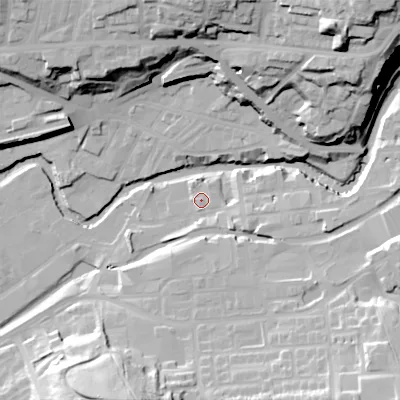 Shaded relief map of the ground around SK151RJ, computed from Environment Agency LiDAR. The ground here sits at about 109 m above sea level and falls 50 m across the surrounding 800 m. Surface water reaching this point runs off ground lying to the east-south-east, 5.1 m higher.