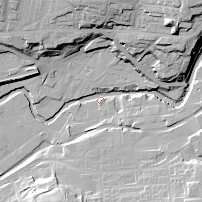 Shaded relief map of the ground around SK151RL, computed from Environment Agency LiDAR. The ground here sits at about 108 m above sea level and falls 52 m across the surrounding 800 m. Surface water reaching this point runs off ground lying to the north-east, 36.9 m higher.