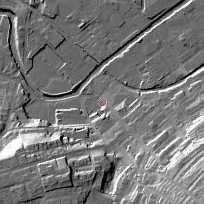 Shaded relief map of the ground around SK151ST, computed from Environment Agency LiDAR. The ground here sits at about 104 m above sea level and falls 51 m across the surrounding 800 m. Surface water reaching this point runs off ground lying to the south-east, 42.8 m higher.