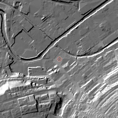 Shaded relief map of the ground around SK151SY, computed from Environment Agency LiDAR. The ground here sits at about 104 m above sea level and falls 52 m across the surrounding 800 m. Surface water reaching this point runs off ground lying to the south-south-east, 6.8 m higher.