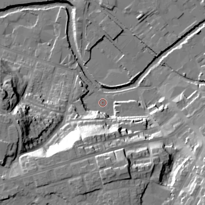 Shaded relief map of the ground around SK151TA, computed from Environment Agency LiDAR. The ground here sits at about 101 m above sea level and falls 42 m across the surrounding 800 m. Surface water reaching this point runs off ground lying to the south-south-west, 31.0 m higher.