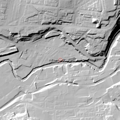 Shaded relief map of the ground around SK152AA, computed from Environment Agency LiDAR. The ground here sits at about 110 m above sea level and falls 58 m across the surrounding 800 m. Surface water reaching this point runs off ground lying to the north-east, 38.1 m higher.