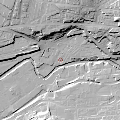 Shaded relief map of the ground around SK152AH, computed from Environment Agency LiDAR. The ground here sits at about 108 m above sea level and falls 49 m across the surrounding 800 m. Surface water reaching this point runs off ground lying to the north-east, 43.4 m higher.
