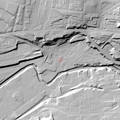 Shaded relief map of the ground around SK152AQ, computed from Environment Agency LiDAR. The ground here sits at about 109 m above sea level and falls 48 m across the surrounding 800 m. Surface water reaching this point runs off ground lying to the east-north-east, 41.7 m higher.