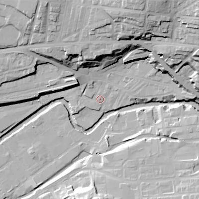 Shaded relief map of the ground around SK152AW, computed from Environment Agency LiDAR. The ground here sits at about 108 m above sea level and falls 45 m across the surrounding 800 m. Surface water reaching this point runs off ground lying to the north-north-east, 40.0 m higher.