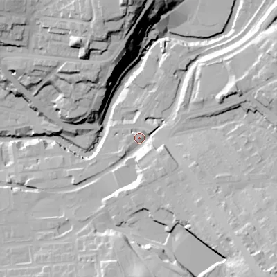Shaded relief map of the ground around SK152EA, computed from Environment Agency LiDAR. The ground here sits at about 115 m above sea level and falls 55 m across the surrounding 800 m. Surface water reaching this point runs off ground lying to the south-east, 31.7 m higher.