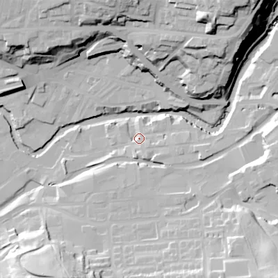 Shaded relief map of the ground around SK152JE, computed from Environment Agency LiDAR. The ground here sits at about 110 m above sea level and falls 49 m across the surrounding 800 m. Surface water reaching this point runs off ground lying to the east-south-east, 3.8 m higher.