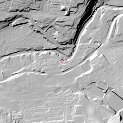 Shaded relief map of the ground around SK152JL, computed from Environment Agency LiDAR. The ground here sits at about 113 m above sea level and falls 48 m across the surrounding 800 m. Surface water reaching this point runs off ground lying to the south, 4.6 m higher.