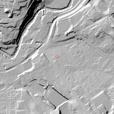 Shaded relief map of the ground around SK152LL, computed from Environment Agency LiDAR. The ground here sits at about 124 m above sea level and falls 48 m across the surrounding 800 m. Surface water reaching this point runs off ground lying to the south-south-east, 12.0 m higher.