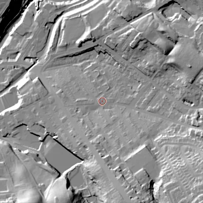 Shaded relief map of the ground around SK152LN, computed from Environment Agency LiDAR. The ground here sits at about 127 m above sea level and falls 53 m across the surrounding 800 m. Surface water reaching this point runs off ground lying to the south-south-east, 26.2 m higher.