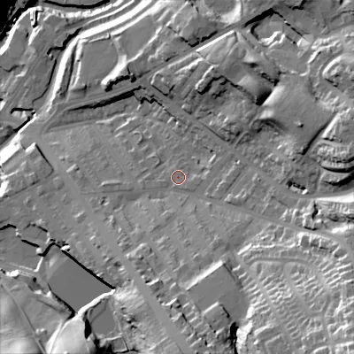 Shaded relief map of the ground around SK152LP, computed from Environment Agency LiDAR. The ground here sits at about 127 m above sea level and falls 60 m across the surrounding 800 m. Surface water reaching this point runs off ground lying to the south-east, 41.8 m higher.