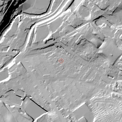 Shaded relief map of the ground around SK152LR, computed from Environment Agency LiDAR. The ground here sits at about 125 m above sea level and falls 49 m across the surrounding 800 m. Surface water reaching this point runs off ground lying to the south-east, 32.8 m higher.