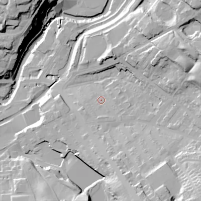 Shaded relief map of the ground around SK152LT, computed from Environment Agency LiDAR. The ground here sits at about 123 m above sea level and falls 47 m across the surrounding 800 m. Surface water reaching this point runs off ground lying to the south-south-east, 25.6 m higher.