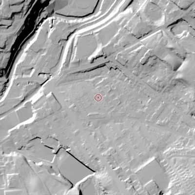 Shaded relief map of the ground around SK152LU, computed from Environment Agency LiDAR. The ground here sits at about 124 m above sea level and falls 47 m across the surrounding 800 m. Surface water reaching this point runs off ground lying to the south-south-east, 25.1 m higher.