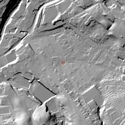 Shaded relief map of the ground around SK152LW, computed from Environment Agency LiDAR. The ground here sits at about 127 m above sea level and falls 54 m across the surrounding 800 m. Surface water reaching this point runs off ground lying to the south-south-east, 26.6 m higher.